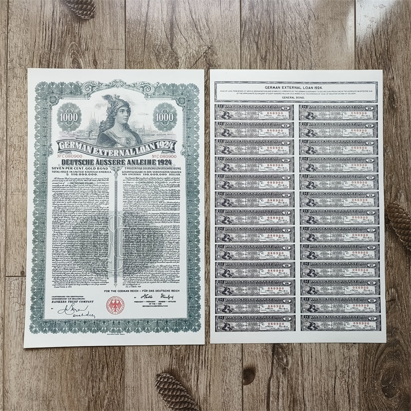1924 German External Loan $1000 Gold Bond Replica – Vintage Financial Art